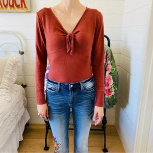 Rust Long Sleeve Tie-Front Bodysuit